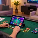 Engaging gameplay at casino go8 as a player analyzes poker cards on a tablet in a cozy home setup.