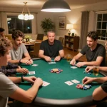 Engaged friends playing poker during a home game night, highlighting strategic gameplay at 388bet