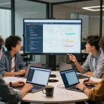 Engineers collaborating on Moltbot AI software in a tech workspace, illustrating innovative development.