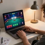 Person enjoying online gambling on 58wiin at home, focused on poker game interface.