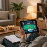 Player enjoying du88 poker game on tablet with chips and strategies in cozy living room.