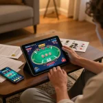Engaged player using the 888now casino app on a tablet in a cozy home setting.