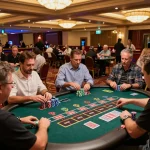 Players engaging in vibrant casino gaming at sv368 with roulette and blackjack tables, capturing the thrill of strategy.