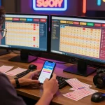 Pengeluaran HK displayed prominently on live results monitors in an engaging Togel gaming setup.