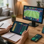 Engaging online sports betting experience with kim99 app in a home setting, emphasizing live action and strategy