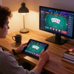 Player engaging in white label casino gameplay on a tablet in a cozy home setting