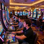 Engaged players at vibrant slot machines in a lively casino showcasing nhacaiuytinn gaming experiences.