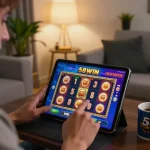 Player enjoying the 58win slots app on a tablet in a stylish home setting, showcasing engaging gameplay