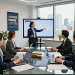 Collaborative scene in a modern law office illustrating teamwork among US law firms.