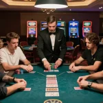 Players strategizing at a high-stakes poker table at 23win casino during intense gameplay.