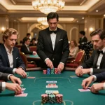 Players engage in a thrilling high-stakes poker game at ta888 casino with vibrant atmosphere and luxurious decor.