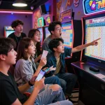 Players eagerly checking Pengeluaran HK results in a vibrant gaming lounge, filled with excitement and colorful decor.