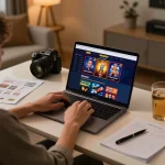 Player engaging with 88clbgo casino site on laptop, showcasing vibrant gaming interface and comfortable home setup