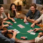 Muraibet players enjoy a lively home poker night filled with excitement and friendly bets.