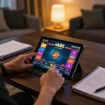 Engaging in nk88 game on tablet with glowing screen, strategic notes spread around.
