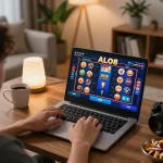 Engaging online gambling session on ALO8, person focused on vibrant slots display in cozy home setting.