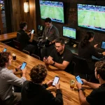 Fans engaging in sports betting action with jus77 mobile apps in a lively bar setting.