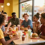 Fast food menu featuring diverse dishes enjoyed by friends in a vibrant restaurant setting.