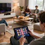 Playing casino games via lv88 apk on a tablet in a cozy home setting.