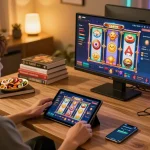 Person enjoying LLwin gaming on a tablet in a cozy home environment.