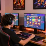 Player engaging with slot gacor game at a vibrant gaming setup