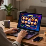 Engaging in rokok88 slot login at home, showcasing vibrant slot game on laptop and inviting atmosphere