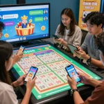 Players eagerly checking Pengeluaran HK lottery results on digital devices in a vibrant online gaming environment.