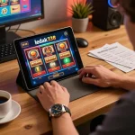 Player enjoying ledak338 slots on a tablet at home, surrounded by strategy notes and a coffee cup.
