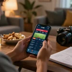Betting on sports with f8betz app in a cozy home environment, promoting responsible gaming.