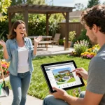 Professional using Pergola Configurator Software on tablet in vibrant garden.