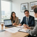Boca Raton Construction Litigation Lawyer consulting with contractor in modern office setting, discussing legal documents.