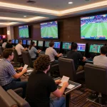 Action-packed sports betting scene at lu888 casino with excited patrons analyzing odds and placing bets.