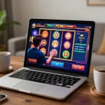 Player engaging with link 98win on a laptop screen surrounded by a cozy home atmosphere.
