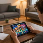 Engaging online casino gaming with slot depo 3k interface on tablet in cozy home setting.
