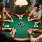 Enjoying an engaging poker game at home, exploring sun win strategies with friends in a lively atmosphere.
