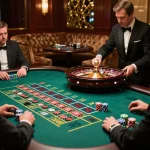 Gamblers place bets on ALO8's thrilling roulette table, capturing the exhilaration of high-stakes action.