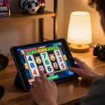 Engaged player spins the reels on a link slot game during a cozy gaming session at home.