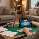 Engaged player enjoying Vivu88 online poker game on a tablet from cozy home setup.