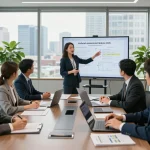Dynamic discussion among USA lawyers in a modern law office showcasing a professional legal environment.