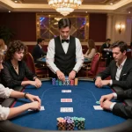 Players engaged in high-stakes poker at a luxurious casino, showcasing MM88 gaming strategy.