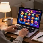 Engaging in a thrilling BK8 online casino game from a cozy modern living room setup