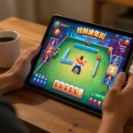 Player enjoying Mahjong Maxwin on tablet at cozy home setup, showcasing situs gacor gaming experience.