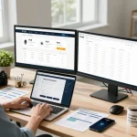 PLR Digital Products for Sale showcased in a vibrant e-commerce workspace with monitors, marketing materials, and bright morning light.