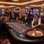 Thabet gamblers place bets at an elegant roulette table in a luxurious casino setting.