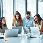 Effiziente Teamarbeit bei https://alvionz.de/ mit modernen Büromöglichkeiten und kreativen Elementen.