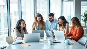 Effiziente Teamarbeit bei https://alvionz.de/ mit modernen Büromöglichkeiten und kreativen Elementen.