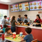 Colorful fast food menu displayed in a lively restaurant atmosphere with families enjoying meals together.