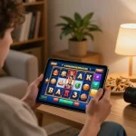Player enjoying a thrilling king slot online game on tablet, colorful graphics and cozy home atmosphere.