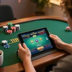 Engaged player using luck8biz app to participate in live dealer game on tablet, warm lighting creating a cozy atmosphere.