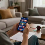 Player using abc8go app on smartphone for online gambling in cozy living room setting.